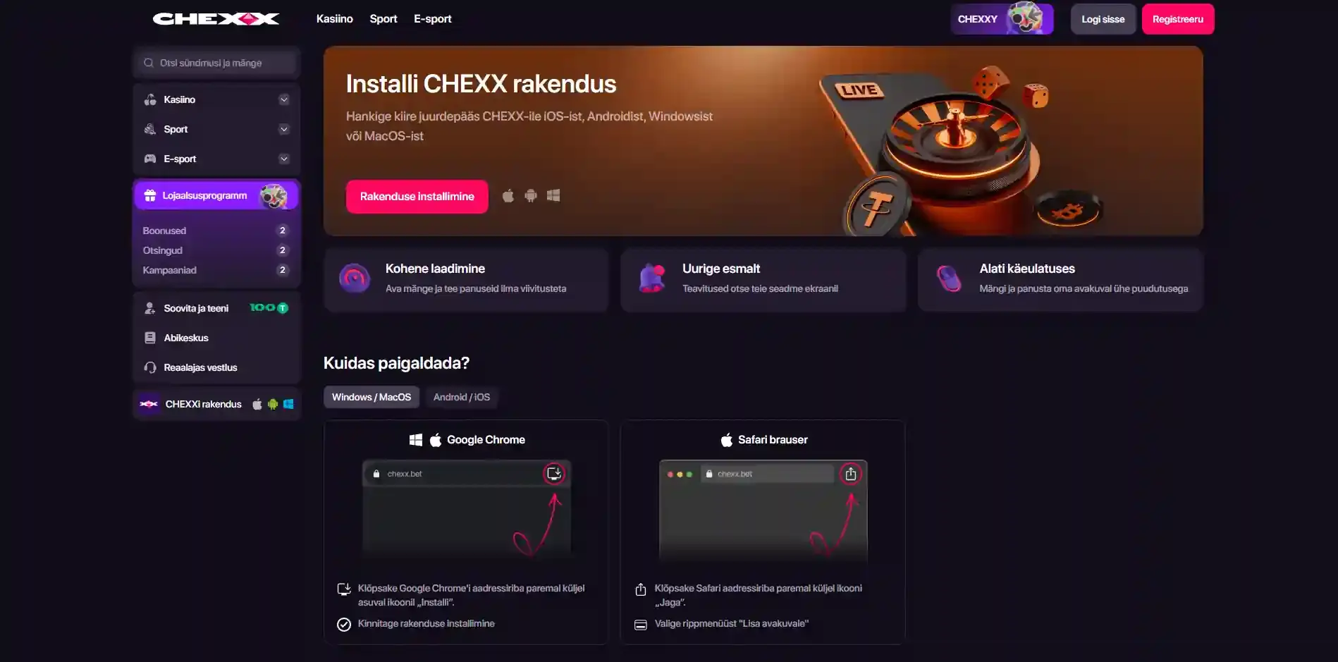 CHEXX PWA paigaldusvalikud neljale toetatud seadmeplatvormile