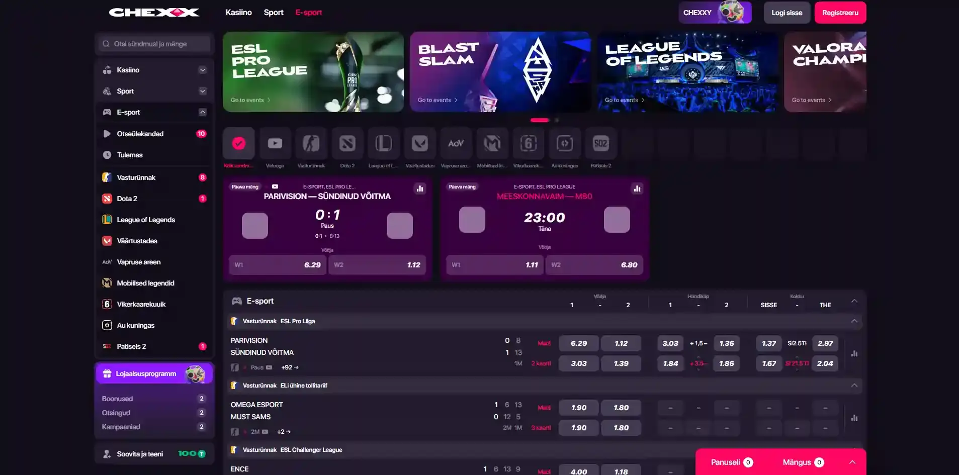 CHEXX e-spordi alad koos mängude ja koefitsientide loendiga