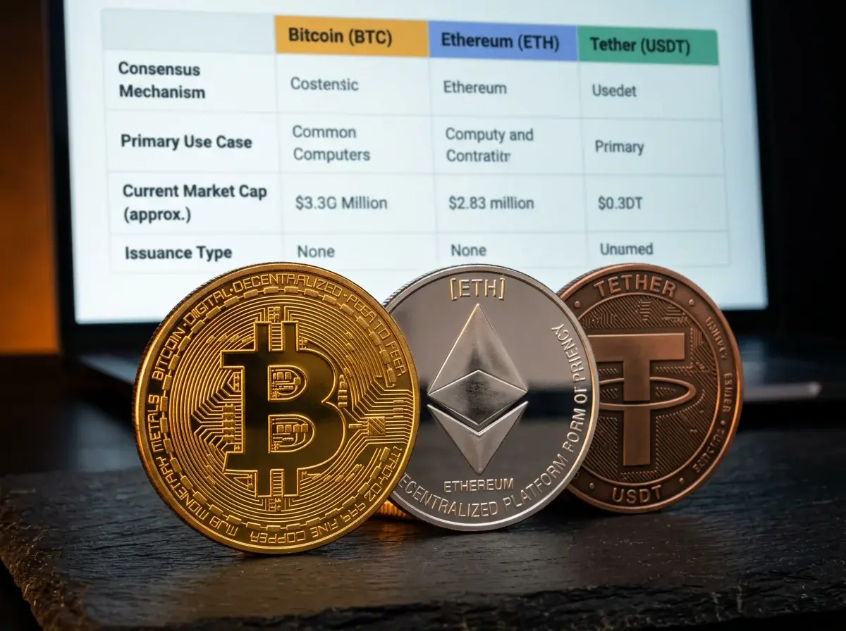 Bitcoin Ethereum ja USDT mündid - krüptovaluutade valik spordiennustuseks